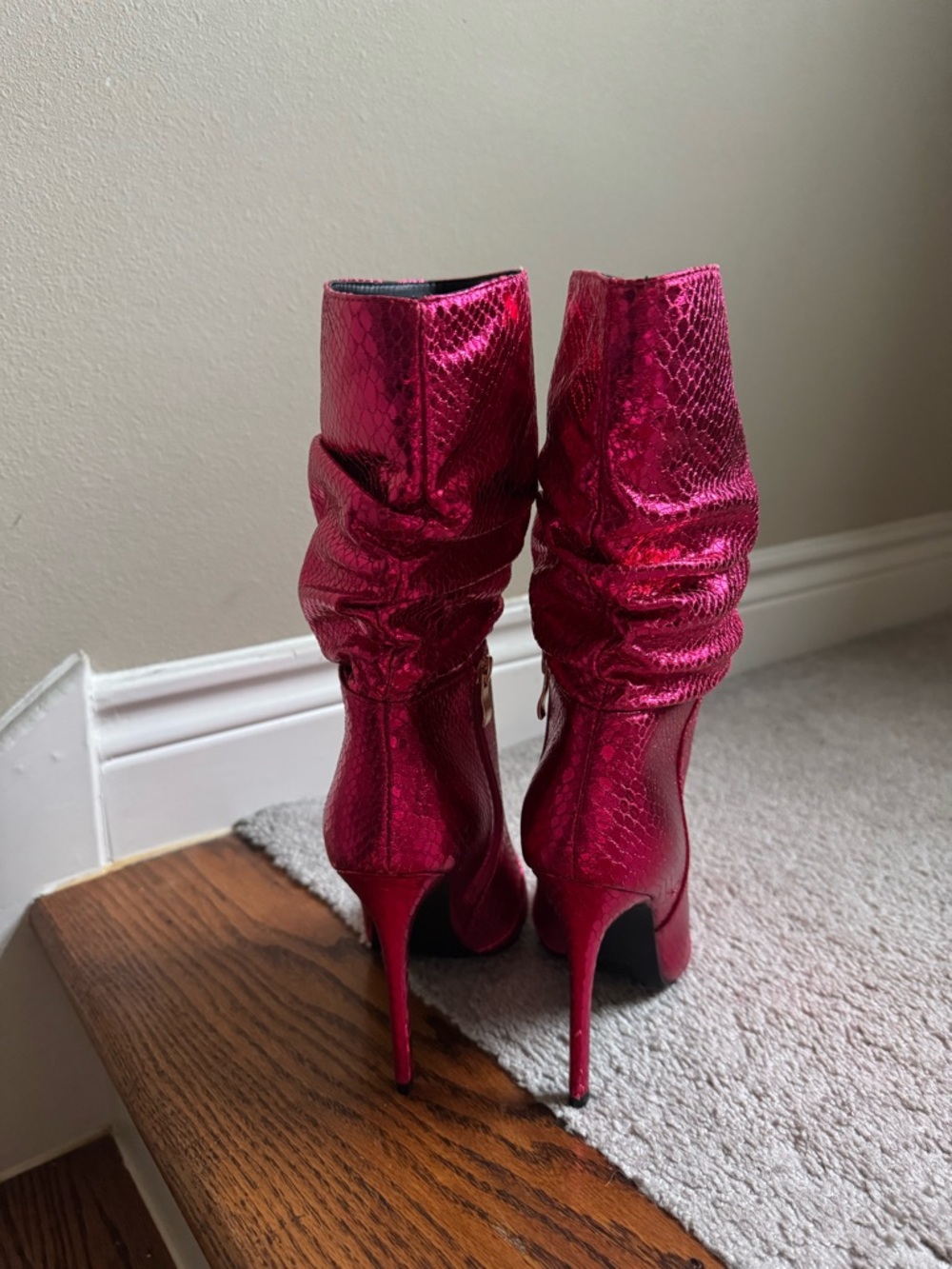 Metallic Fuchsia Pointed-Toe Stiletto Mid-Calf Boots - Picture 3 of 4